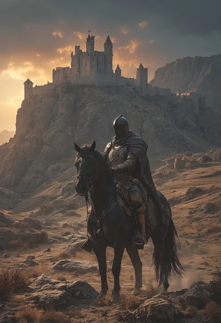 dramatic and intense scene, a valiant knight in full armor on a powerful black horse standing on the crest of a hill,  In the background a medieval castle looms against the barren, rocky landscape, the sun sets in the background, <lora:MJ52:0.6>, <lora:EpicF4nta5yXL:0.8>, <lora:add-detail-xl:1>, <lora:zavy-cntrst-sdxl:1>
