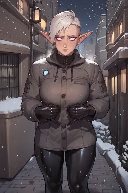 <lora:AsuraLycoXL:1> shot tom boy hair, long pointy ears, elf, big boobs, <lora:latex_under_clothes:1> latex under clothes, wearing a hoody, cold, outside in the city, snowing, winter, night,, , source_anime, score_9_up, score_7_up, score_8_up