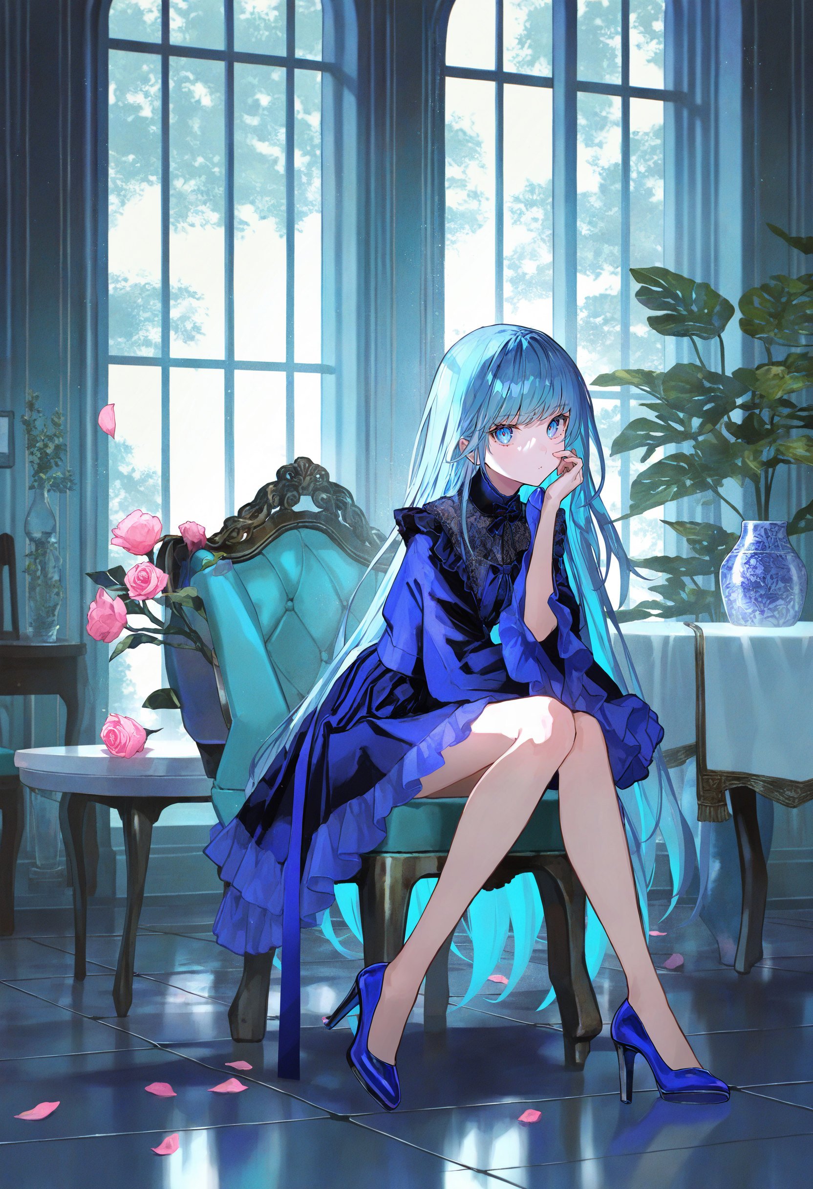 artist:[yoneyama mai|fuzichoco|diyokama|lack|lam \(ramdayo\)]
aqua theme, 1girl, solo, high heels, table, indoors, blue eyes, window, long sleeves, frilled sleeves, full body, blue footwear, very long hair, closed mouth, vase, blue hair, bare legs, blue dress, wide sleeves, bow, pink flower, rose, petals, sitting, standing, tile floor, chair, plant, 
masterpiece, best quality, very awa, absurdres 
<lora:noobai_vpred_1_masterpieces_v1:1>