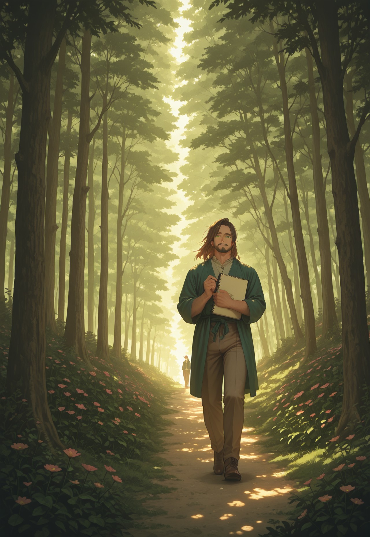 1boy, mbti_infp, mature man, long brown hair, green eyes, walking through forest, sunlight, dappled light, sketchbook, looking at flowers, serene, calm, aesthetic, nature, detailed background, highres, masterpiece, best quality