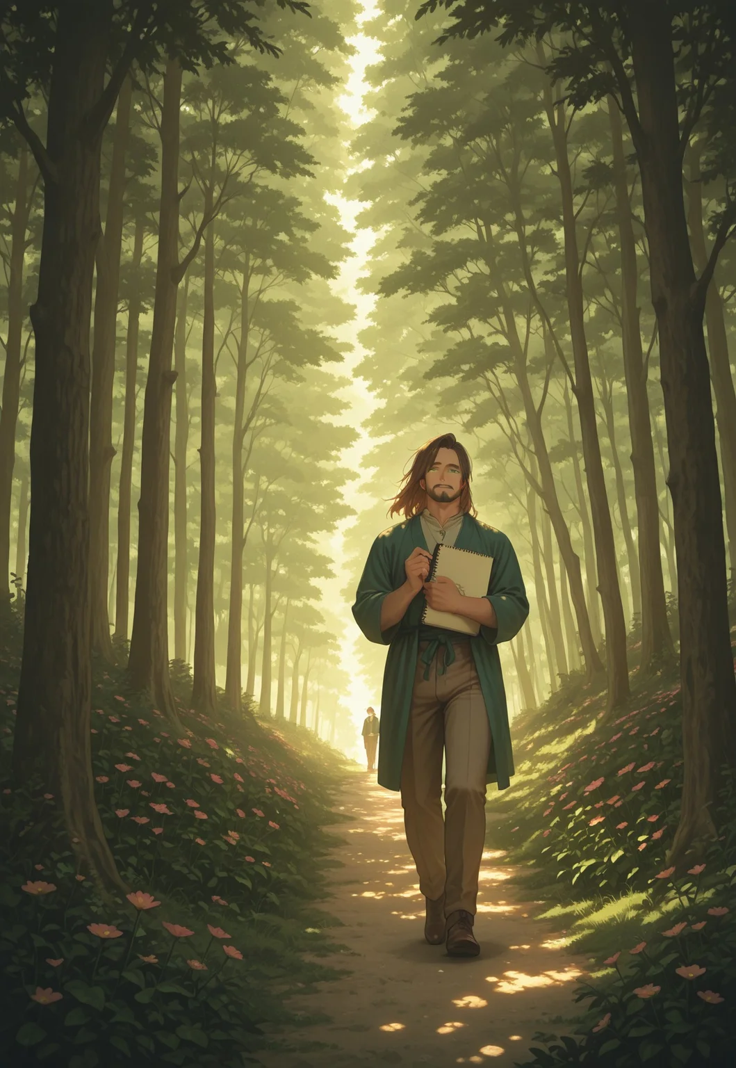 1boy, mbti_infp, mature man, long brown hair, green eyes, walking through forest, sunlight, dappled light, sketchbook, looking at flowers, serene, calm, aesthetic, nature, detailed background, highres, masterpiece, best quality