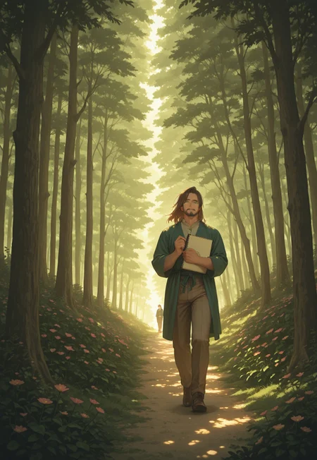 1boy, mbti_infp, mature man, long brown hair, green eyes, walking through forest, sunlight, dappled light, sketchbook, looking at flowers, serene, calm, aesthetic, nature, detailed background, highres, masterpiece, best quality
