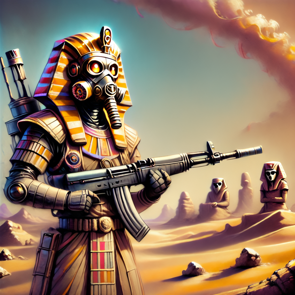 Warrior, man, holding rifle, gasmask, desert, robot, <lora:Egyptian_Psychedelic:1>