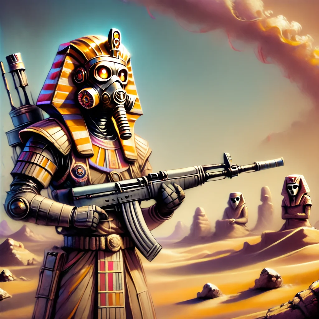 Warrior, man, holding rifle, gasmask, desert, robot, <lora:Egyptian_Psychedelic:1>