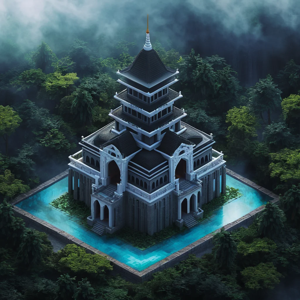 isometric style temple, fog, mist, dark fantasy, tilemapstyle, voxell, square, scenery, <lora:TileMapStyle_v1:0.85> . vibrant, beautiful, crisp, detailed, ultra detailed, intricate