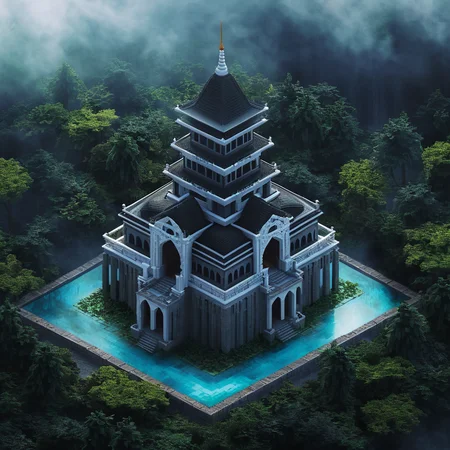isometric style temple, fog, mist, dark fantasy, tilemapstyle, voxell, square, scenery, <lora:TileMapStyle_v1:0.85> . vibrant, beautiful, crisp, detailed, ultra detailed, intricate