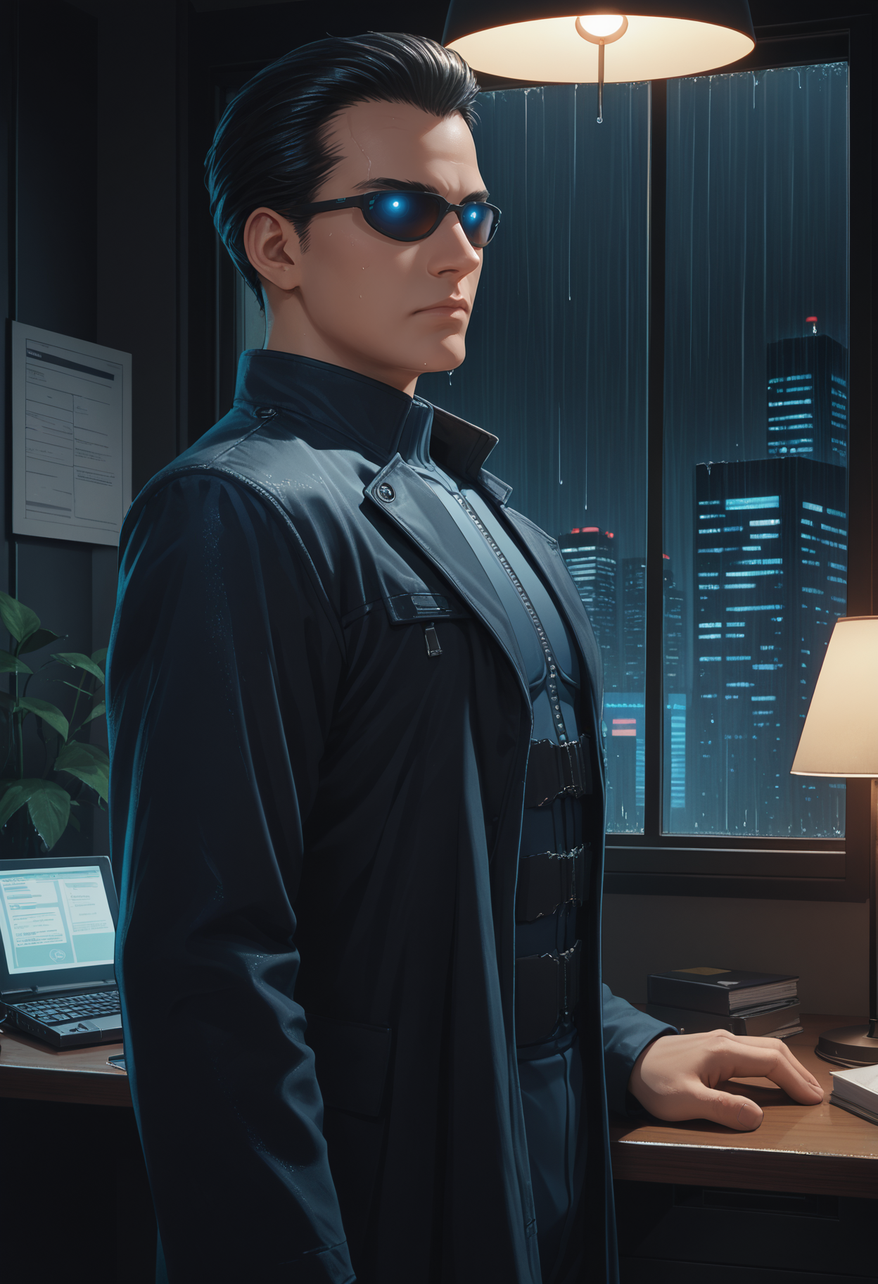 score_9, score_8_up, score_7_up, source_anime, realistic BREAK <lora:jcdenton-deusex-richy-v1_pdxl:1> 1boy, solo, male focus, jde, sunglasses, black hair, short hair, black coat, trench coat, standing, indoors, cyberpunk, science fiction, looking at viewer, closed mouth, from side, standing, indoors, office, dark, darkness, desk, desk lamp, rain, night, black background, standing