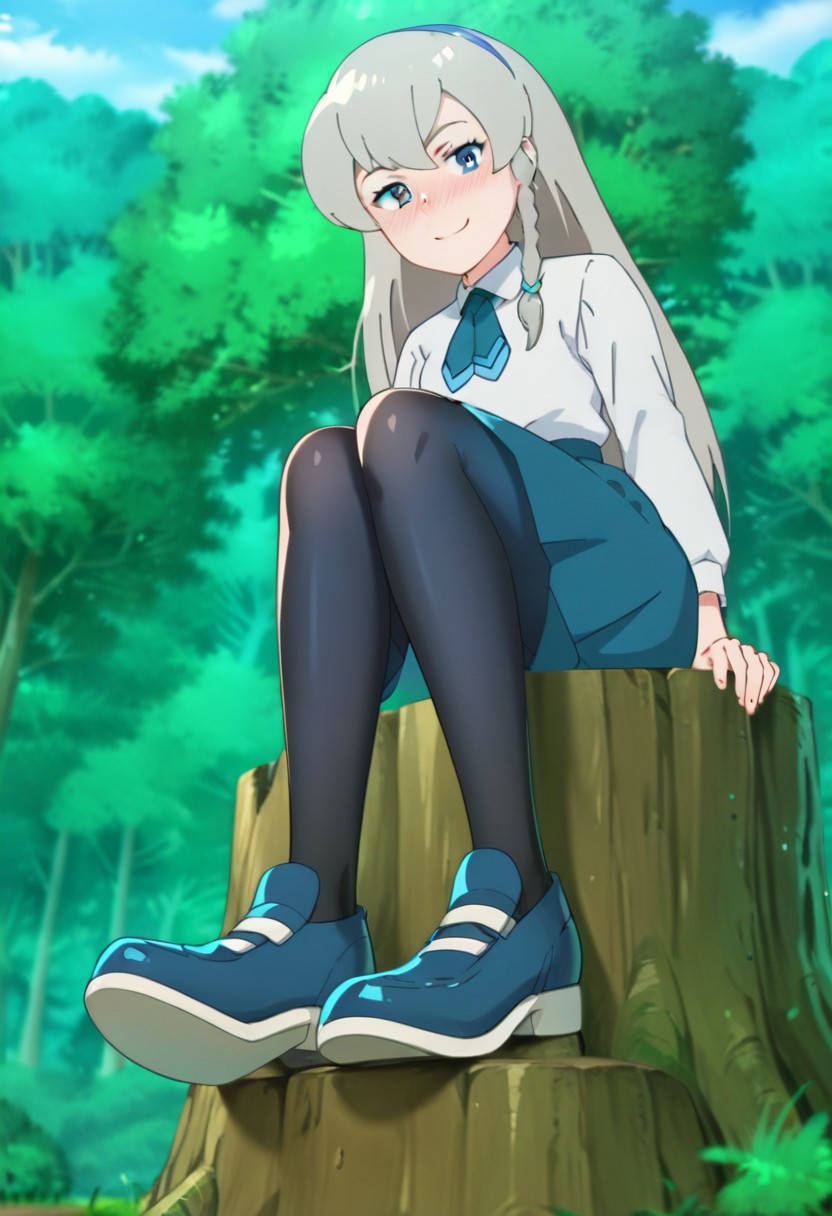 score_9, score_8, score_7_up, source_anime, anime_coloring, anime_screenshot, highres, rating_quesitionable
PKMNRegina, 1girl, long hair, grey hair, bangs, braid, side braid, single braid, hairband, blue hairband, blue eyes, white shirt, collared shirt, school uniform, necktie, blue necktie, long sleeves, skirt, blue skirt, pantyhose, shoes, blue footwear,
solo, full body, sitting, ((bellow view)), seductive smile, looking at viewer, naughty face, nose blush, forest, tree