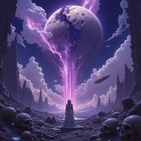 In a realm beyond mortal comprehension, a celestial body known as AidmaMJ6 hangs suspended above a desolate wasteland. The sky is a deep shade of indigo, with tendrils of purple and pink swirling together in a mesmerizing dance of fractals. In the distance, a massive spaceship hurtles through the void, its hull cracking open as if imploding under the weight of an unseen force. Skulls of various sizes and shapes litter the landscape, some with glowing blue optics, others with mechanical augmentations. At the center of this apocalyptic tableau stands a figure shrouded in, <lora:Flux_Turbo_Alpha.safetensors:1.0> <lora:Celestium_Flux_v0.1.safetensors:1.0> celestium <lora:aidmaMJ6.1-FLUX-v0.4.safetensors:0.6> aidmaMJ6.1