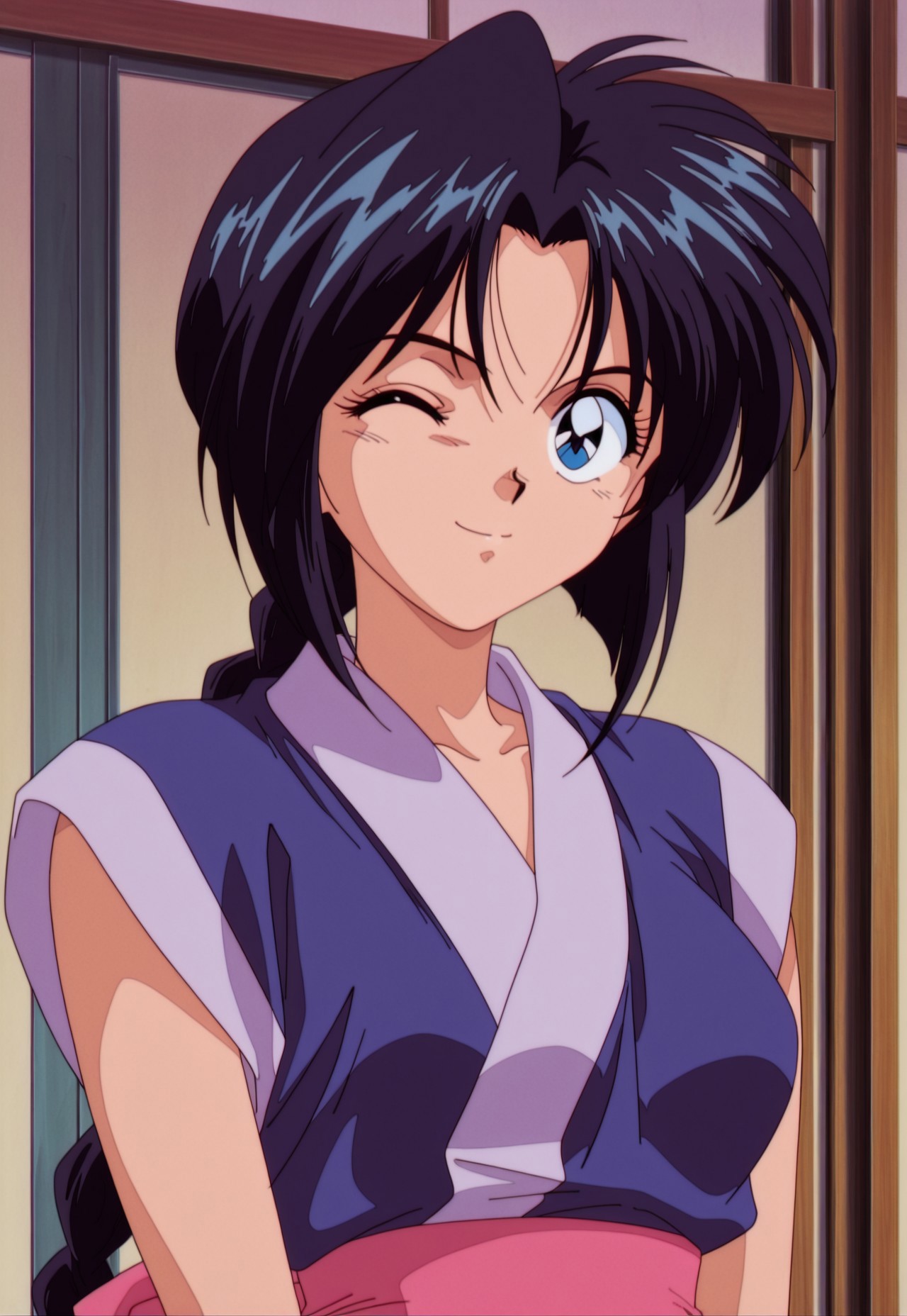 masterpiece, best quality, amazing quality, amazing quality,very aesthetic,absurdres,best quality,newest,masterpiece, breasts, anime screencap, anime artstyle, winking, happy, breasts, anime screencap, anime coloring,safe_pos, safe_pos, score_9, score_8_up, score_7_up,couple, duo, 1girl,  misao makimachi, rurouni kenshin, long braid, braided ponytail, blue eyes, black hair, 1990's artstyle, retro artstyle, kimono, ninja