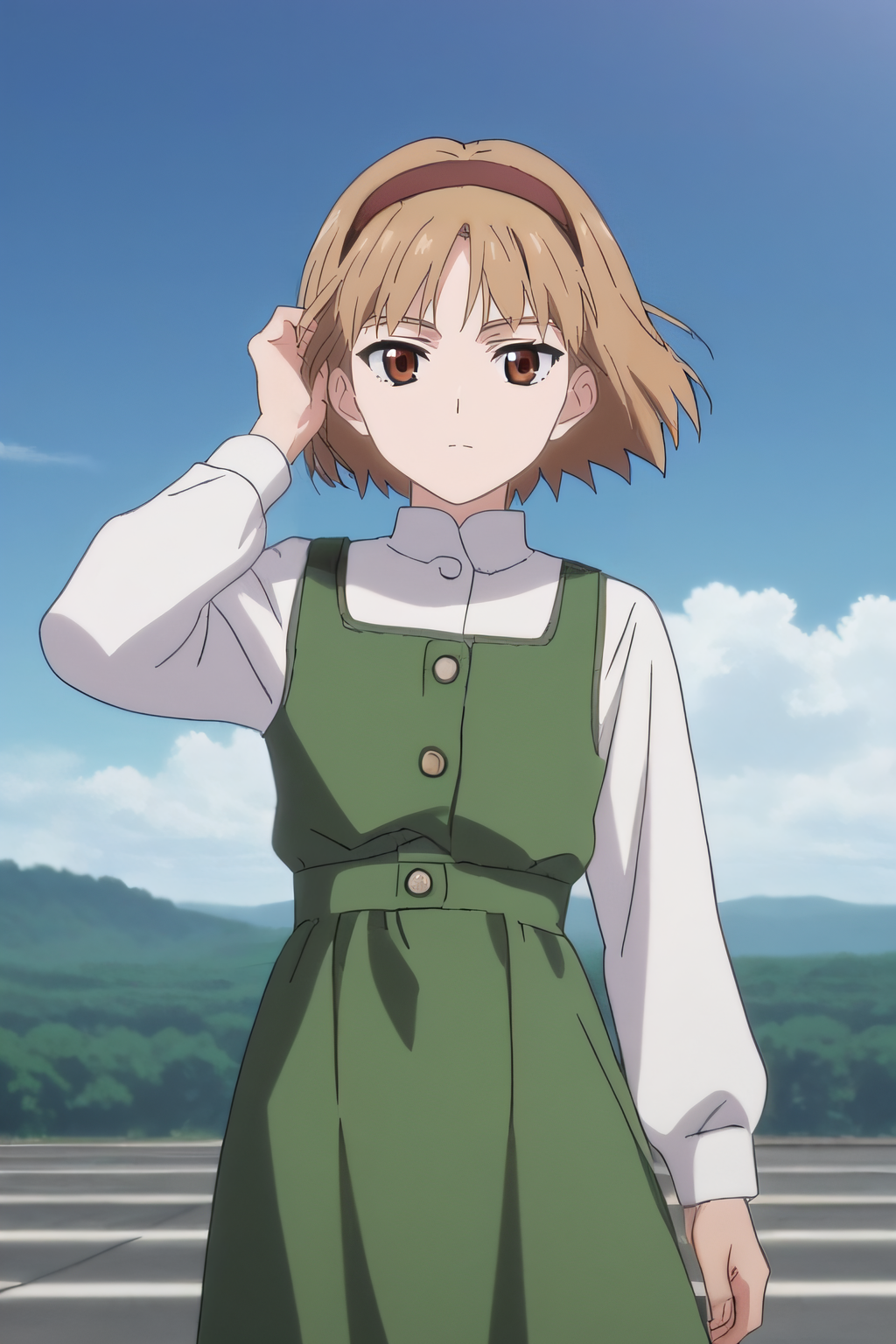 score_9, score_8_up, score_7_up, source_anime, rating_safe, intricate details, anime screencap, official style, 1girl, solo, <lora:Henrietta:1>, henrietta, light brown hair, brown eyes, bob cut, brown hairband, white shirt, flat chest, green dress, long sleeves, looking at viewer, outdoor, expressionless, cowboy shot, floating hair, wind, hand on hair