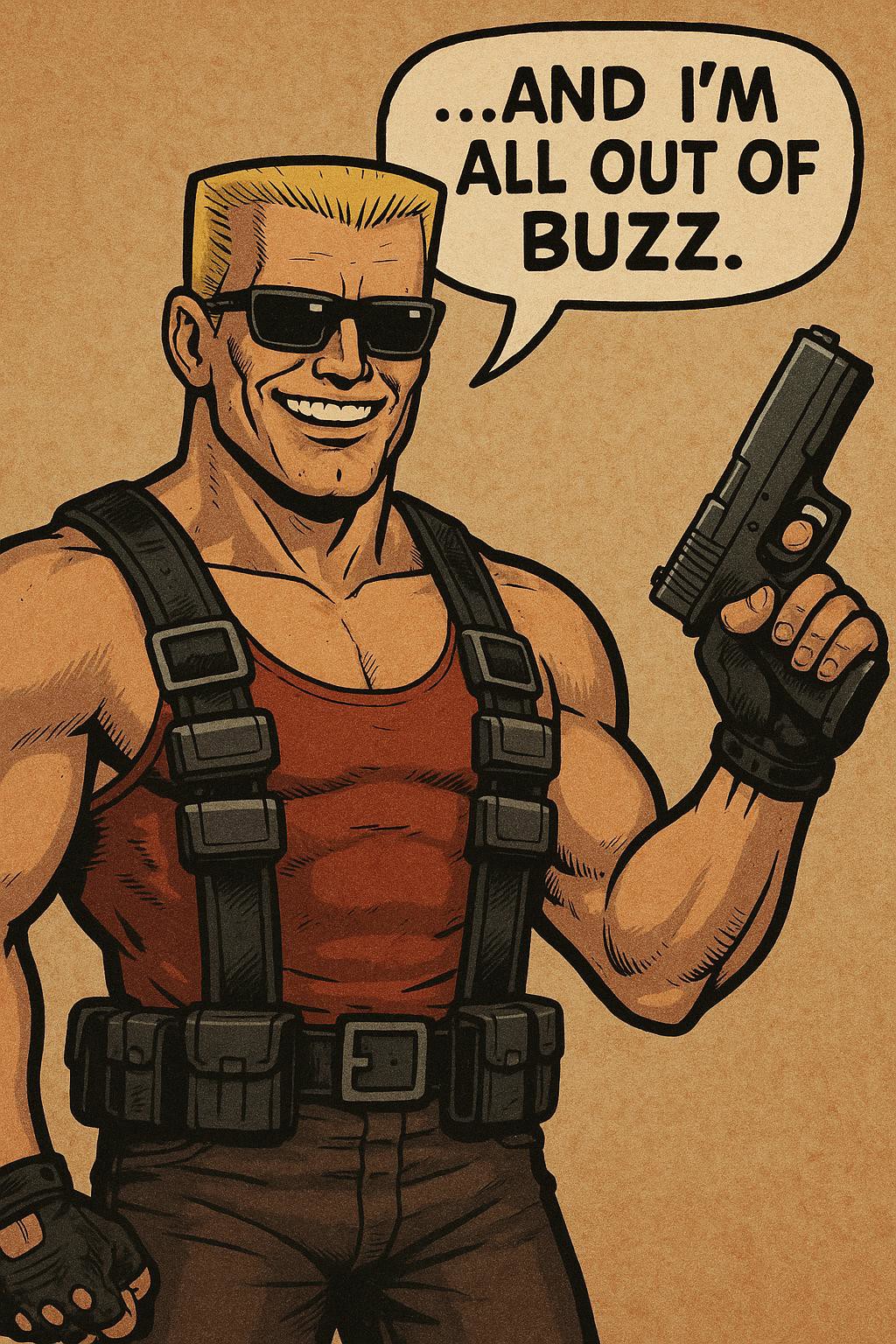 Duke Nukem from Duke Nukem 3D. He smiling and holding glock in a badass way, and has a speech bubble of him saying "...and i'm all out of Buzz."