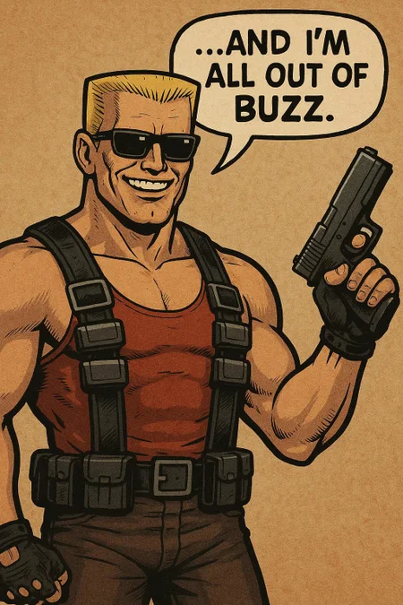 Duke Nukem from Duke Nukem 3D. He smiling and holding glock in a badass way, and has a speech bubble of him saying "...and i'm all out of Buzz."