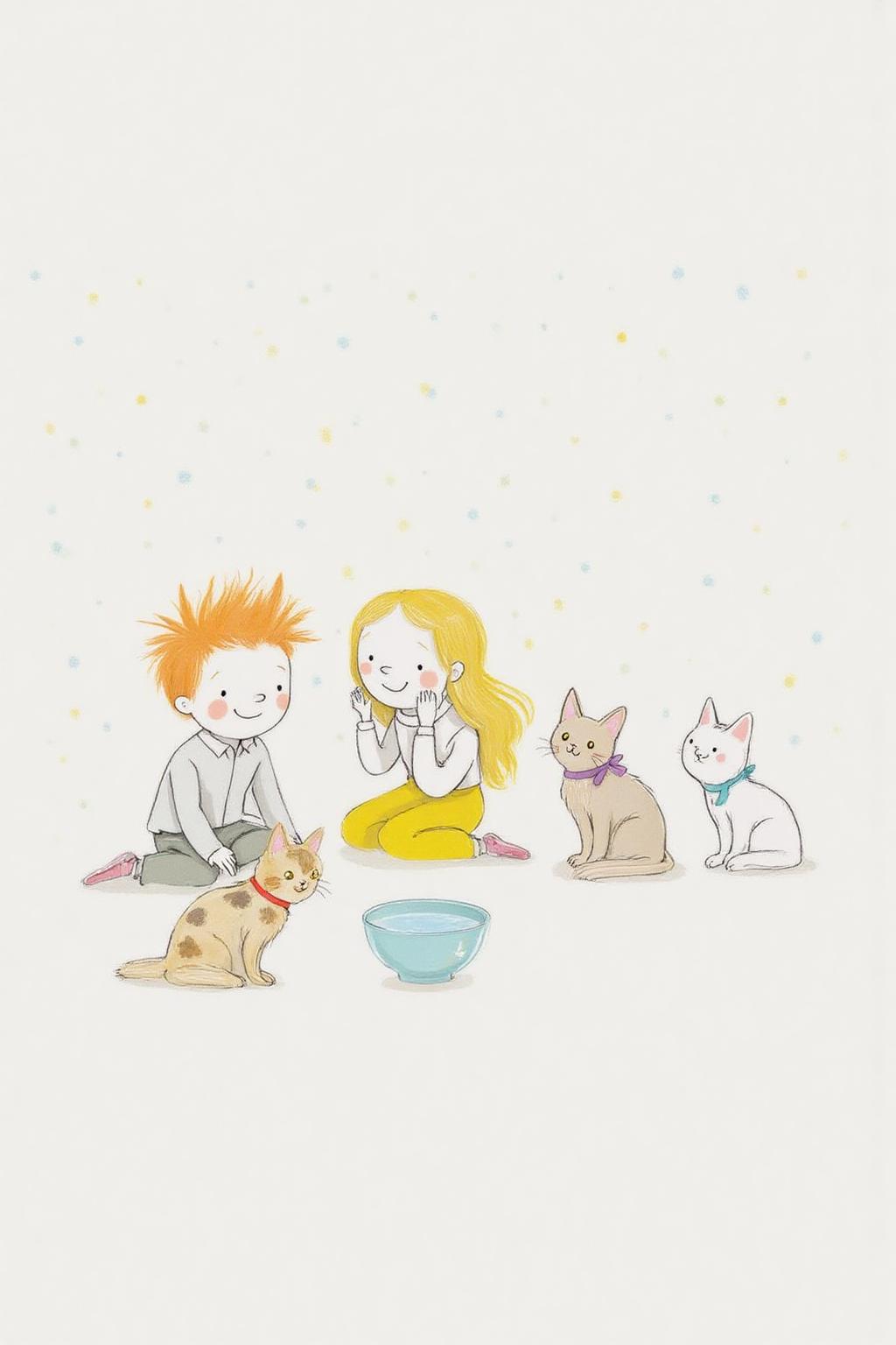 al1ca illustration. A boy and a girl, sitting together with three cats. On the left is a boy has spiky orange hair. In the center is a blonde girl with long hair and wearing yellow pants. There is a bowl of water in front of the cats.  <lora:al1ca1_cap_d6a3e11:1.0><lora:828065829481590335:0>