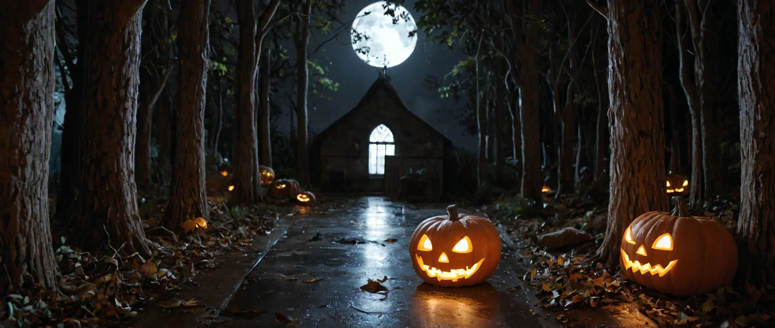 The image is a digital illustration of a Halloween pumpkin in a dark and eerie setting. The pumpkin is in the center of the image, with its face carved into the shape of a jack-o-lantern. It has a stem with leaves attached to it, and its eyes are glowing orange. The stem is covered in moss and lichen, and there are two large tree roots on either side of the pumpkin. The background is a dark, Gothic-style room with a large window and columns. The floor is wet, and the overall mood of the illustration is eerie and spooky. <lora:Anamorphic format film style XL:1> Hollywood Anamorphic format film style