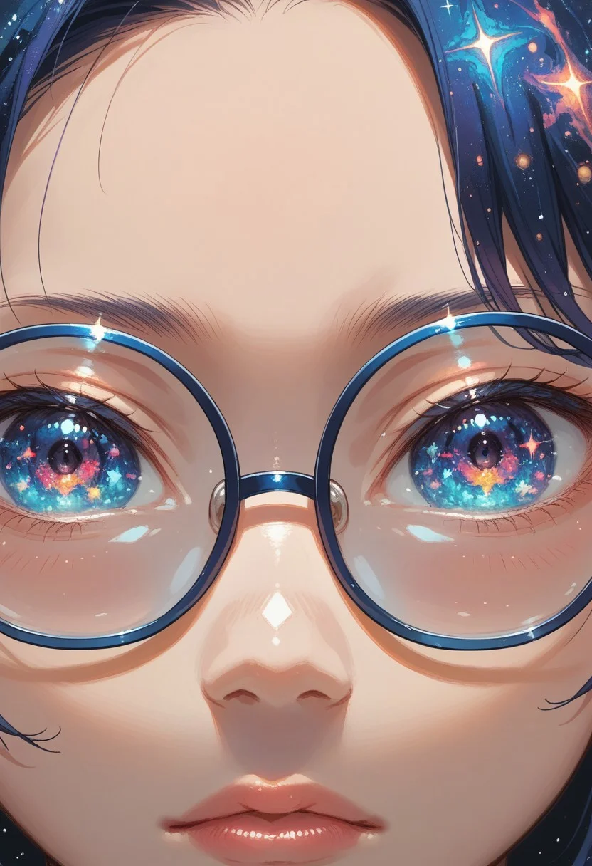 lazyup7, source_anime, 2d, extreme close-up, 1girl, eye, galaxy iris, glasses, reflection
