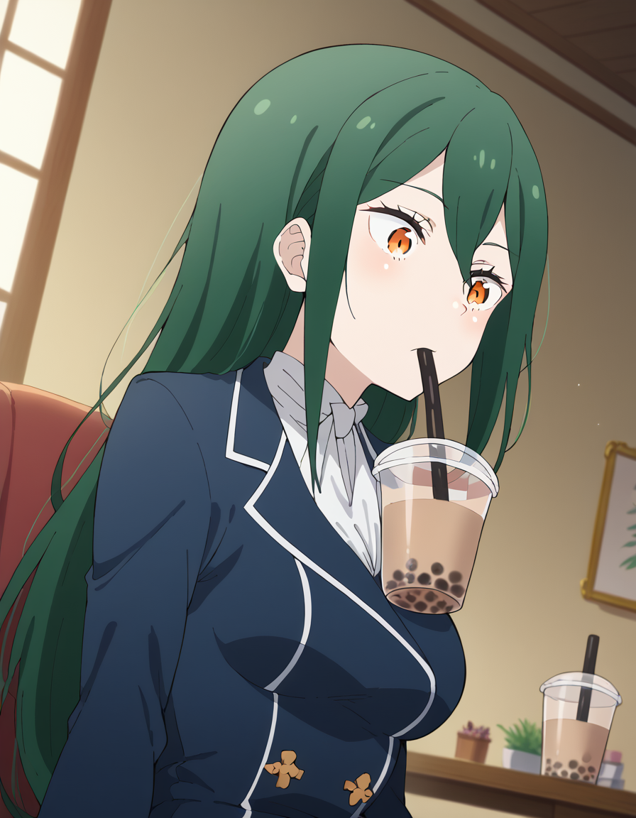 score_9, score_8_up, score_7_up, source_anime, <lora:crusch-karsten-s3-p1-ponyxl-lora-nochekaiser:1>, crusch karsten, long hair, hair between eyes, green hair, orange eyes, medium breasts,, <lora:bubble-tea-challenge-ponyxl-lora-nochekaiser:1>, bubble tea challenge, bubble tea, object on breast, drinking straw, drinking straw in mouth, drinking, cup,, indoors, sitting, looking down, , dutch angle, cowboy shot