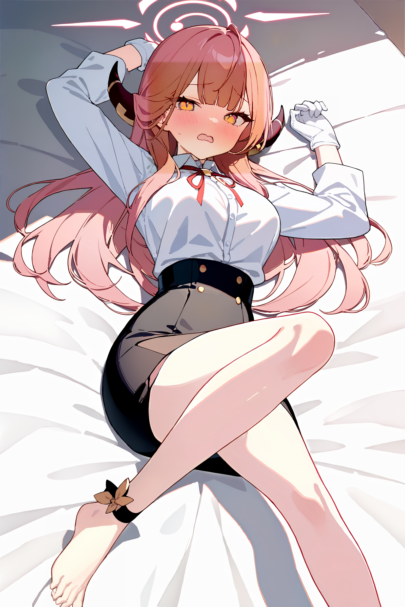 masterpiece, best quality, very aesthetic, ray tracing, newest,(hitenkei, askzy:0.5), 1girl, aru \(blue archive\), solo, halo, horns, high-waist skirt, white gloves, white shirt, neck ribbon, anklet, looking at viewer, embarrassed, blush, wavy mouth, lying, on back, bed sheet, arms up  <lora:quality1:0:hr=2>,  <lora:Char-BlueArchive-Aru-XL-V1:0.9>