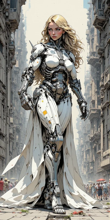 draw perfect hyper realistic FANCHA style ilustration of beautiful woman with complex and detailed robotic body of mecha angel, focus on delicate technical detaild of artificial muscles made of plymer structure and sharp reflective metalic elements. Around her draw majestic structures of ancient technology, city of forgottem marvels build in art deco style<lora:BLUE_mk4_angel_FLUX_04:1> <lora:FANCHA_v.4:1> <lora:CPA:1>