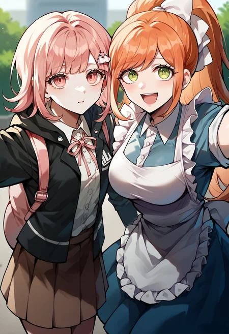 score_9, score_8_up, score_7_up, 2girls, selfie, happy, outdoors, looking at viewer, BREAK
shy, <lora:danganronpa2_nanami_ponyXL-v2:0.8> nanamidef, pink hair, spaceship hair ornament, hairclip, black jacket, hooded jacket, hood down, open jacket, long sleeves, two-tone shirt, white shirt, black shirt, collared shirt, dress shirt, shirt tucked in, neck ribbon, pink ribbon, brown skirt, pleated skirt, miniskirt, backpack, pink bag BREAK
open mouth, <lora:ChisaDR-pdxl:0.8> chiDR, orange hair, long hair, high ponytail, hair ribbon, white ribbon, green eyes, collared shirt, white shirt, blue dress, large breasts, frilled apron, sleeves rolled up