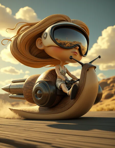 <lora:3D_Caricature:0.9> 3dc4r1c4t9r3a  SmallMightyDaal, Power-snail with jet-engines attached on left and right side, snail is very fast on race tra, breaking the speed record. Snail wearing racing goggles, Fairy wearing racing goggles, protective eyewear, sitting on power-snail wearing racing outfit, hair is floating in wind, motion lines speed lines, light-motion-blur, <lora:flux.1_lora_flyway_Epic-detail_v2:1>