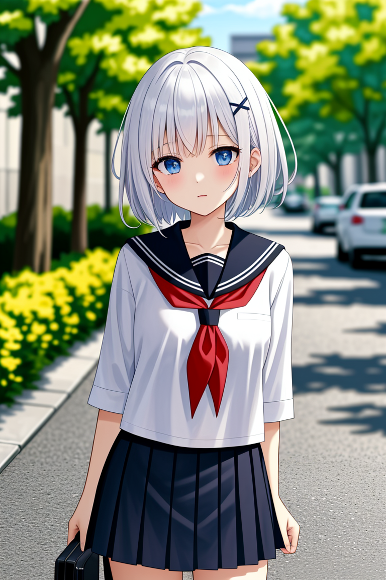 outdoors, detailed background, city, 
 <lora:SiestaV1.0-000001:1> siesta diad, 1girl, short hair, white hair, x hair ornament, blue eyes, neckerchief, serafuku, bangs, red bow, white shirt, skirt,, <lora:LCM_LoRA_Weights_SD15:1>