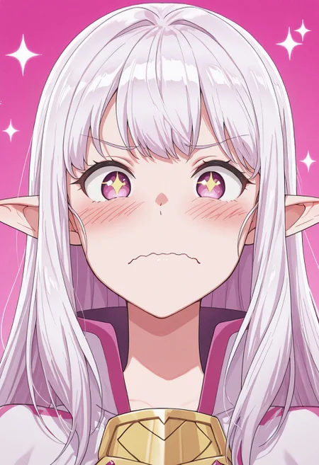 score_9,score_8_up,score_7_up,score_6_up,<lora:Mariabelle_Welcome_to_Japan_Ms_Elf_ilxl_goofy:1> elfMariabelle, 1girl, pointy ears, looking at viewer, wavy mouth, portrait, closed mouth, elf, blush, pink background, frown, sparkle