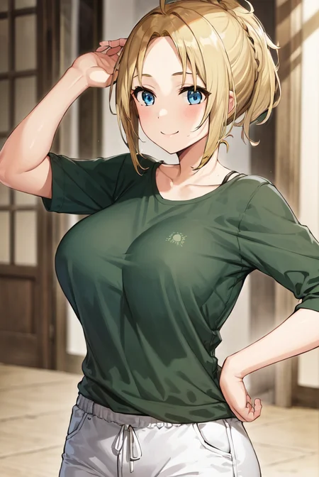 Zenith, 1girl, solo,  blue_eyes, blonde_hair,  smile,  large_breasts, parted_bangs, bangs, ponytail,  white_pants, green-t_shirt, casual