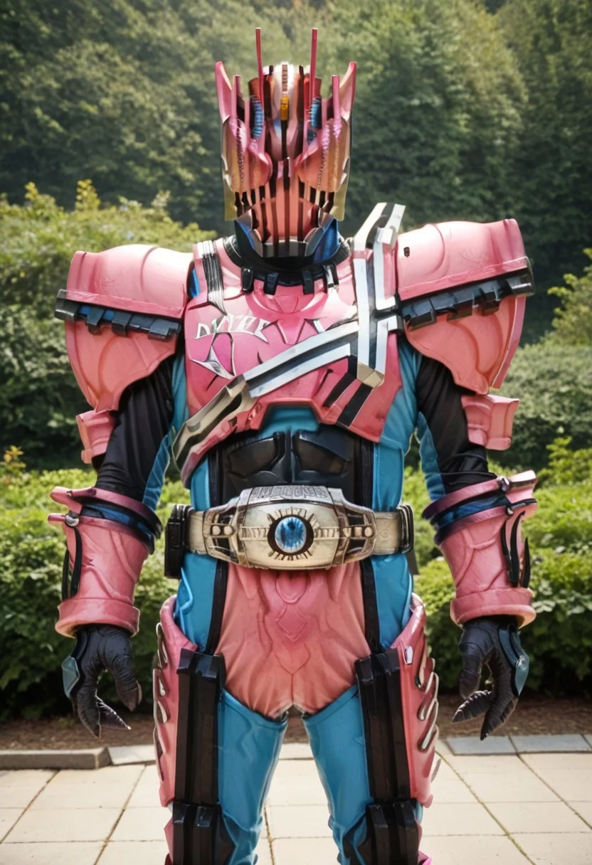 score_9, score_8, score_7, solo, armor, tokusatsu, bodysuit, helmet, rider belt, tyrannosaurus rex, pink armor, cyan bodysuit