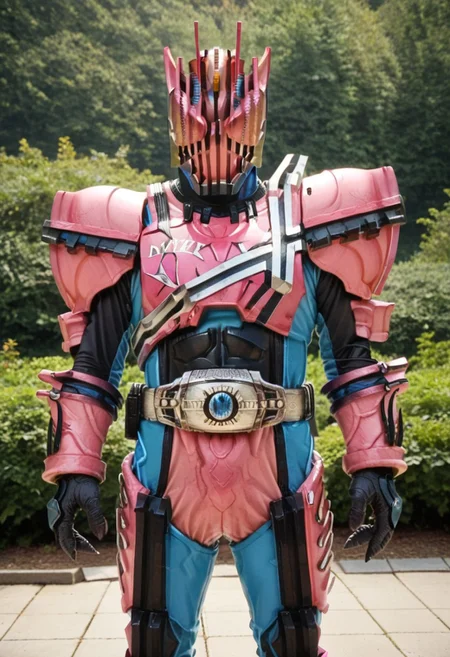 score_9, score_8, score_7, solo, armor, tokusatsu, bodysuit, helmet, rider belt, tyrannosaurus rex, pink armor, cyan bodysuit