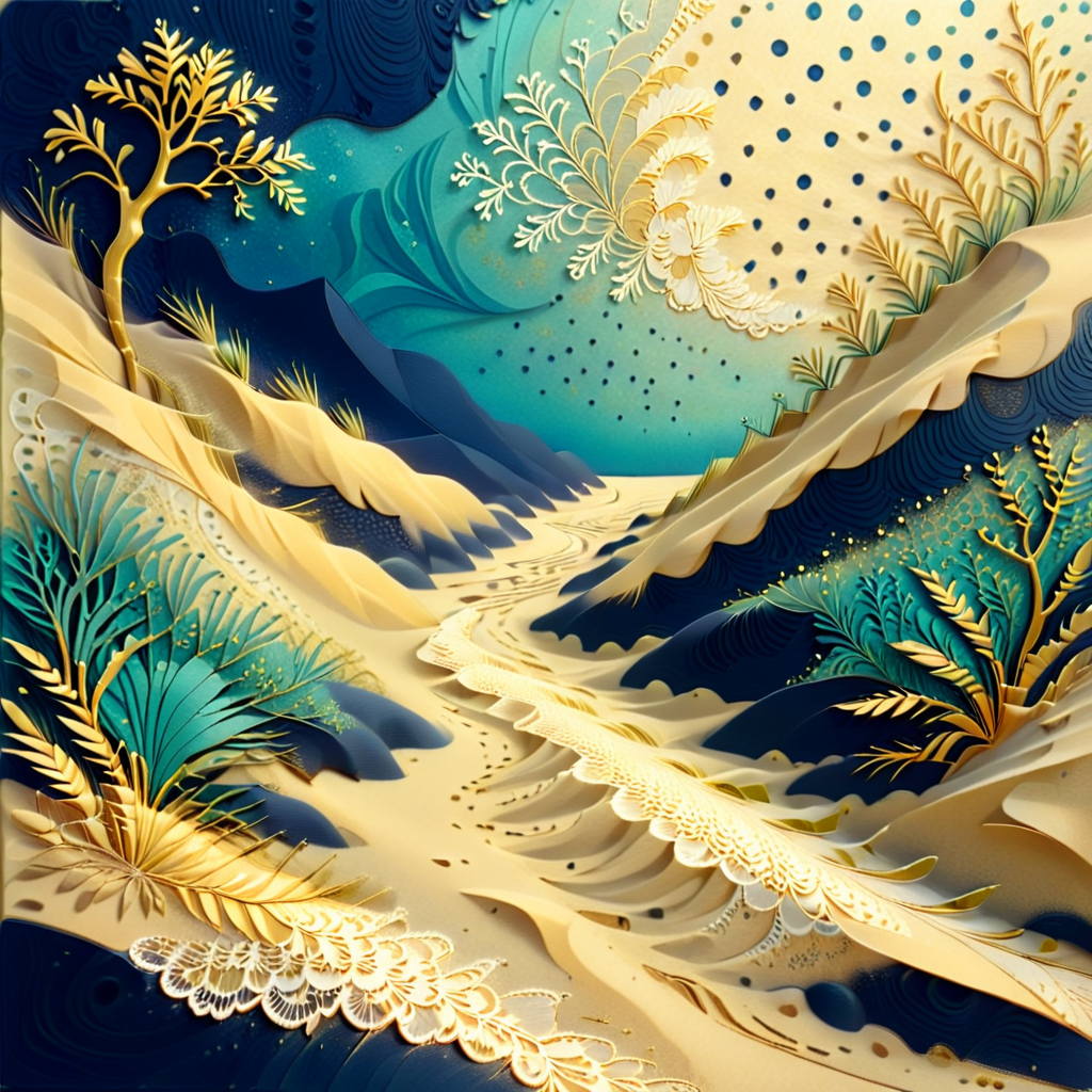 abstract nature print, sand dune, mesh textures, woodcut, lace, impressionism style, Overlapping, teal, navy, and gold, polka dot pattern, embossed effect, glitter accents, dynamic, rough texture, burnished finish <lora:artfully_DEPTHMAP:0.8>,  depth map, in the style of carved relief, embossing, encaustic, papercraft,