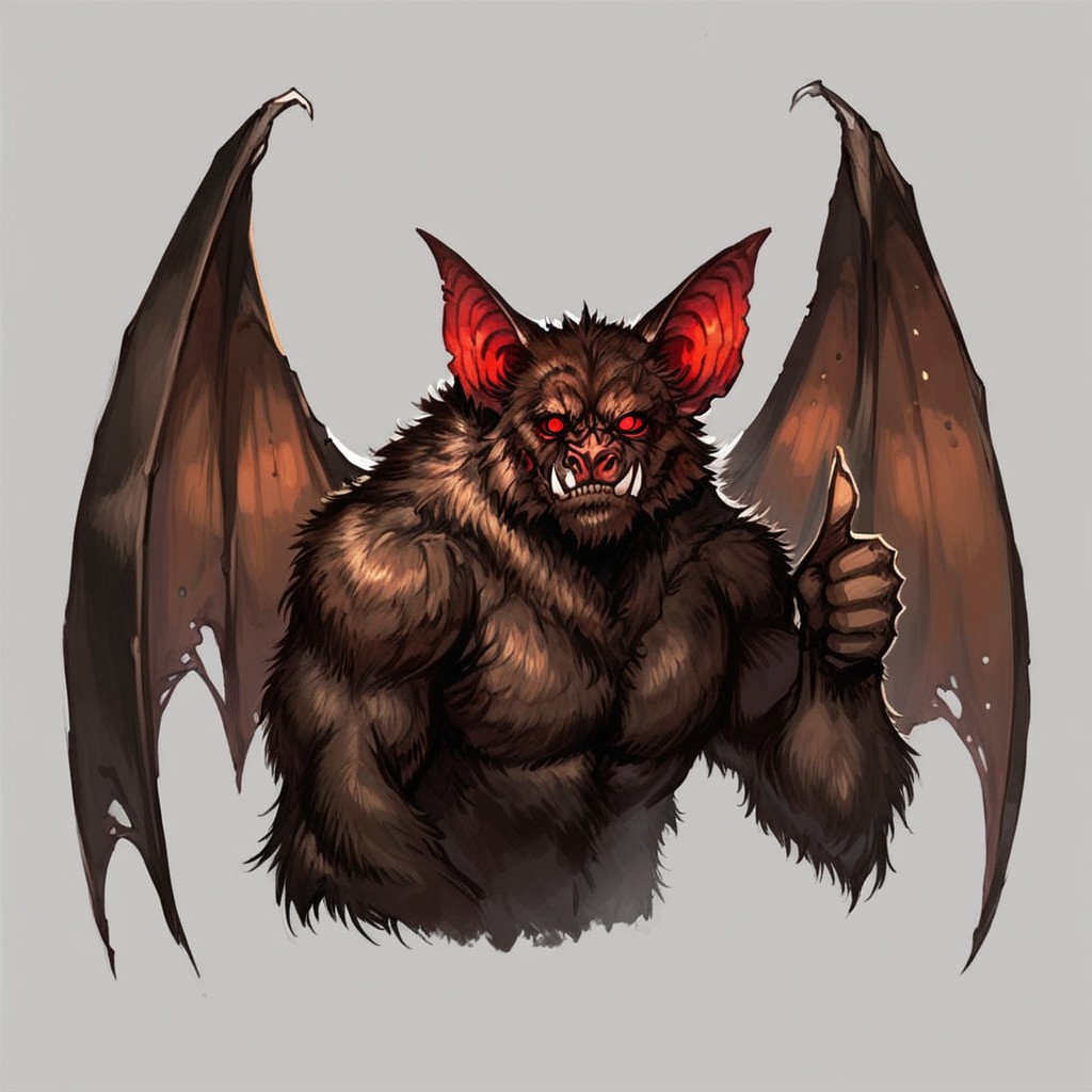 Zpdxl3, Score_7_up, score_8_up, (upper body:1.3), monster, solo, detailed, painting, 
BREAK,
 Batsquatch, bat, wings, body fur, brown fur, red eyes, no pupils, (thumbs up), simple background,