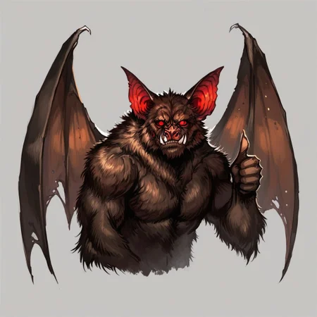 Zpdxl3, Score_7_up, score_8_up, (upper body:1.3), monster, solo, detailed, painting, 
BREAK,
 Batsquatch, bat, wings, body fur, brown fur, red eyes, no pupils, (thumbs up), simple background,