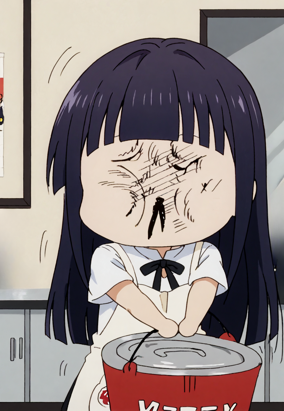 score_9,score_8_up,score_7_up,score_6_up,score_5_up,score_4_up,source_anime,best quality,masterpiece,
<lora:aoi-yamada-s2-ponyxl-lora-nochekaiser:1>,aoi yamada,long hair,purple hair,blunt bangs,apron,waitress,
<lora:mae_ga_mienee_pony_v1>,maemie,chibi,holding bucket,