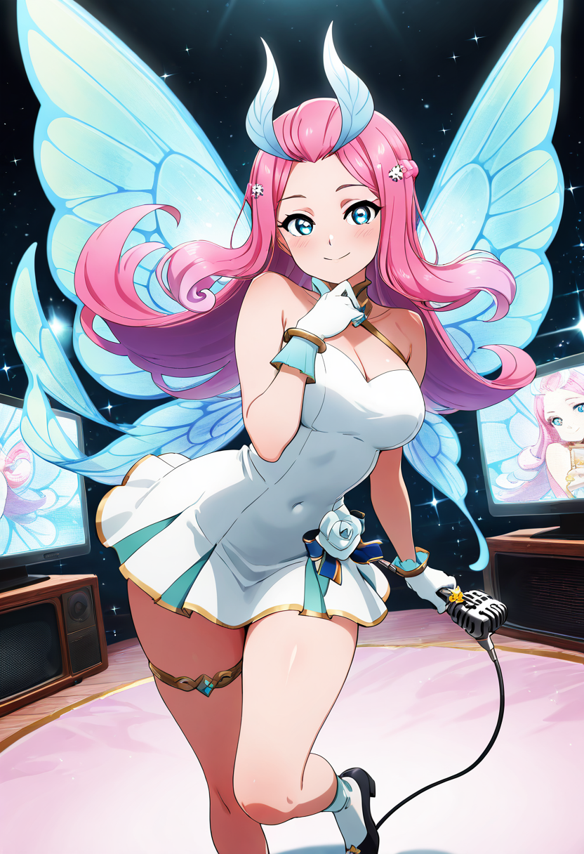masterpiece, best quality, solo, curvy, beautiful eyes, narrow waist, wide hips, 1girl, solo, smile, looking at viewer, dynamic angle, foreshortening, close up,     zzTasi, blue eyes, long hair, multicolored hair, pink hair, wings,  ,<lora:TasiAFK_IXL:1.0>,  [Retro Idol Icon], <lora:LoveLiveSchoolIdolFestivalAllStarsNAI:0.5>, vintage polka-dotted mini dress with a cinched waist, red satin gloves, retro styled curls with a flower clip, sparkling black flats, holding a vintage microphone, standing in front of an old-school television set with a black-and-white film background,