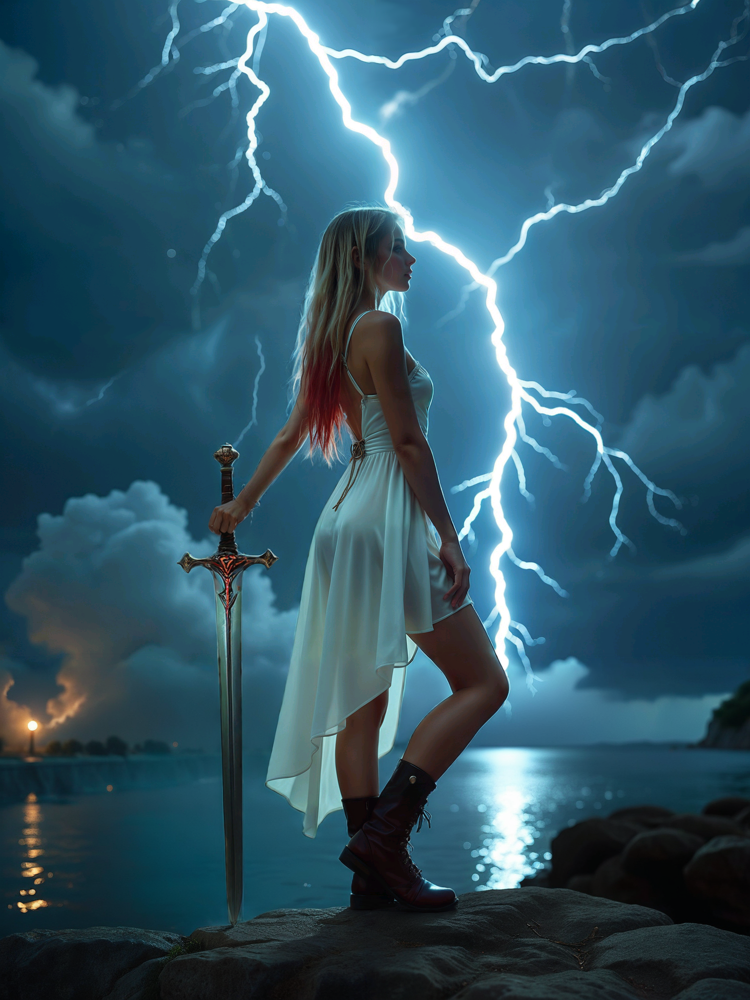 breathtaking a woman in a white dress holding a sword and a sword in front of a lightning storm over the ocean, Anne Stokes, dark fantasy art, poster art, fantasy art . award-winning, professional, highly detailed
