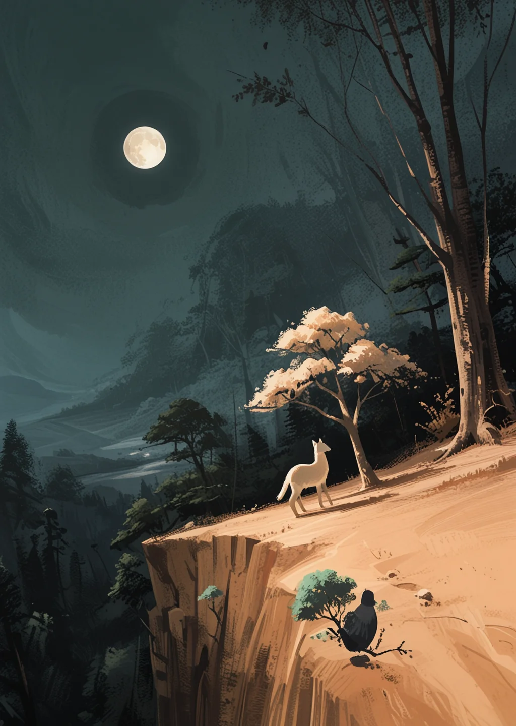 masterpiece, best quality, newest, highres, absurdres,no lineart, no outline, detailed, outdoors, tree, moon, scenery, full moon, (limited palette, negative space,blending), zoom layer, landscape,close up, depth of field
