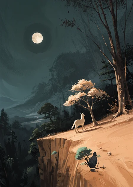 masterpiece, best quality, newest, highres, absurdres,no lineart, no outline, detailed, outdoors, tree, moon, scenery, full moon, (limited palette, negative space,blending), zoom layer, landscape,close up, depth of field