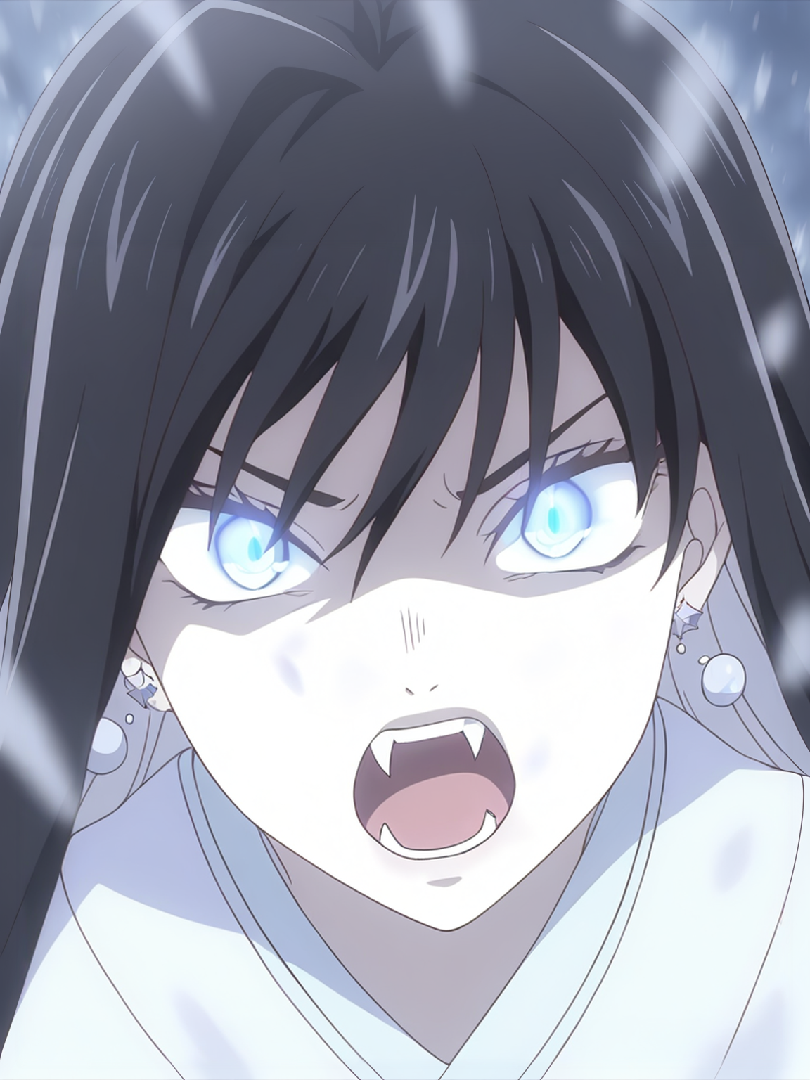 <lora:Yuki-Onna:0.8>yuki_onna, 1girl, solo, black and white long hair, blue eyes, white earrings, long white kimono, fuming, glare, intense gaze, frowning, open mouth, fangs, glowing eyes, blizzard, yokai aura, close-up, looking at viewer