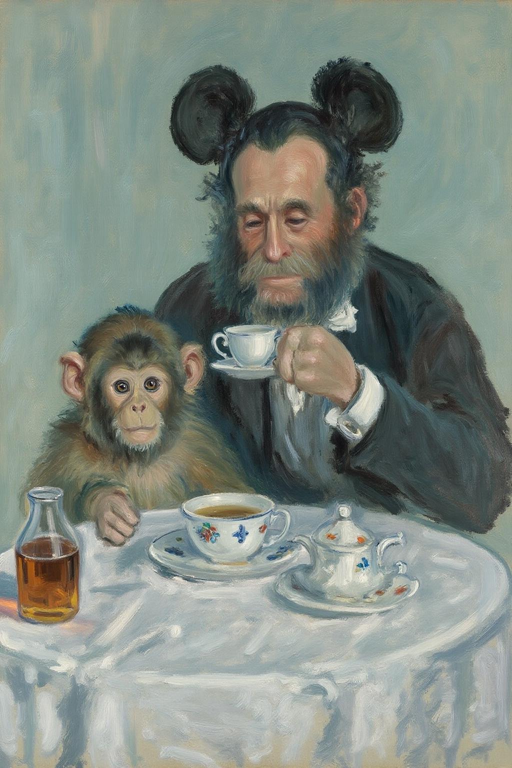 claudemonet1 painting. A small monkey and a man wearing Mickey Mouse ears, sitting at a table drinking tea, <lora:claudemonet1_cap_d8a4e12:1.0><lora:843598007476849064:0>