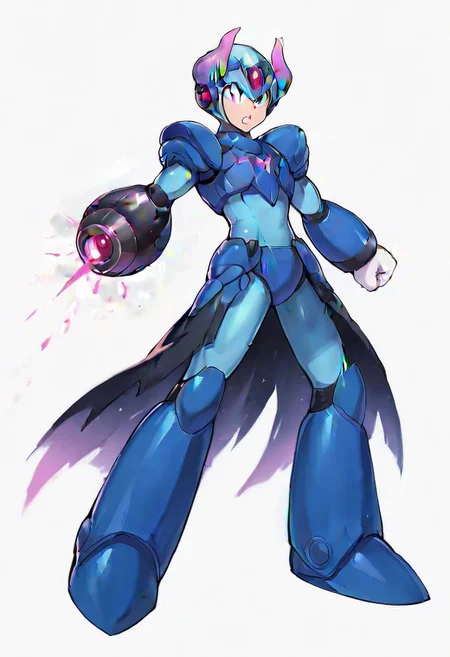 masterpiece, best quality, amazing quality, highres, high resolution, solo, score_9, score_8_up, score_7_up, 1boy, 1boy, :green_eyes, blue_helmet, blue_armor, blue_bodysuit, white_gloves, blue_boots, arm cannon, megax, gore magala armor, purple horn ornament, black cape,, full body,