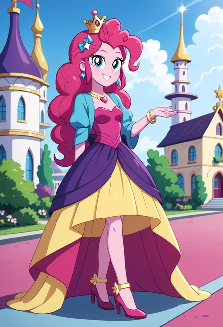 score_9, score_8_up, score_7_up, score_6_up, from My Little Pony Equestria Girls, a very young little human girl Pinkie_Pie wearing a fit blue|sky|green|brown|darkpurple|red|yellow gradients colors short princess dress, elegant detailed princess shoes, solo, 1girl, little princess girl, gradient dark pink hair with crown hairband, smile, childhood, looking at viewer, glow detailed eyes, garden of canterlot, tul, chiffon, laces, semi realistic cartoon, unreal engine 5,  full body close-up, absurdres, digital art, soft light, perfect hands, perfect, hands, perfection, soft pink skin, skyblue eyes, party accesories and shoes, jewelry, tres chic,<lora:age_slider_v4:-4>,