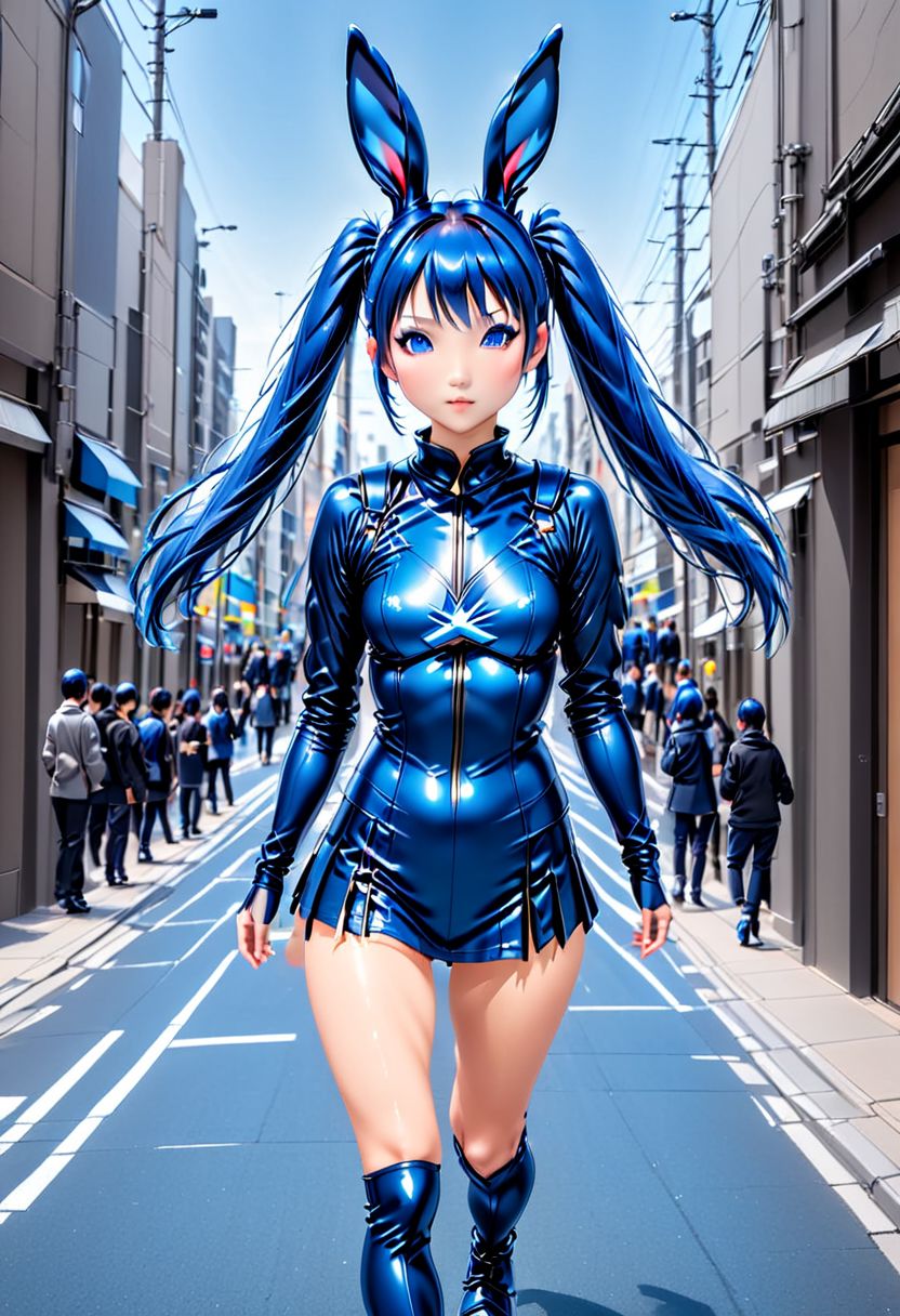 Bunny Goddess Blue Idoru. A beautiful young Japanese woman. Petite and slender. She has blue eyes and blue hair in twin-tails. She is wearing a skimpy bunny suit. Cute idol pose on a city street.