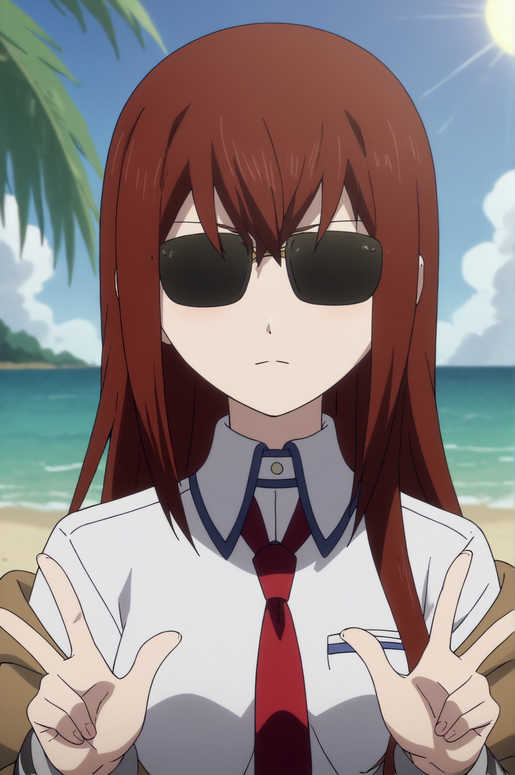 score_9, score_8_up, score_7_up,anime_source, source_anime, best background, detailed background, anime screencap,  Makise Kurisu, Main Outfit, solo, outdoors, sun, palm tree, beach, victory fingers, victory pose, upper body, sunglasses, perfect fingers, perfect hand,  <lora:JN_Makise_Kurisu:0.8>