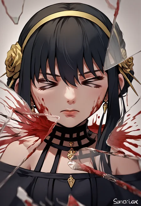 score_9, score_8_up, score_7_up, source_anime, 1girl, > <, closed eyes, <lora:Excitement_Expression_XLPD:1.8>, <lora:BreakingGlassXLPDCAME:0.8> IncrsXLBrknGls, broken glass, reflection, upper body, yor briar, black hair, black dress, blood,
