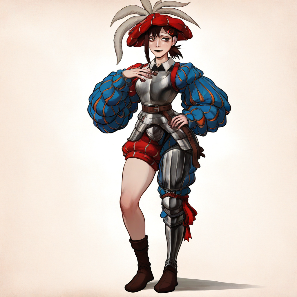 masterpiece, best quality, newest, absurdres, highres, cherry-gig, LKAV1.0, landsknecht, armor, belt, breastplate, chaperon hat, faulds, asymmetrical legwear, asymmetrical armor, puffy sleeves, puffy pants, 1girl, higashiyama kobeni \(chainsaw_man\), brown hair,