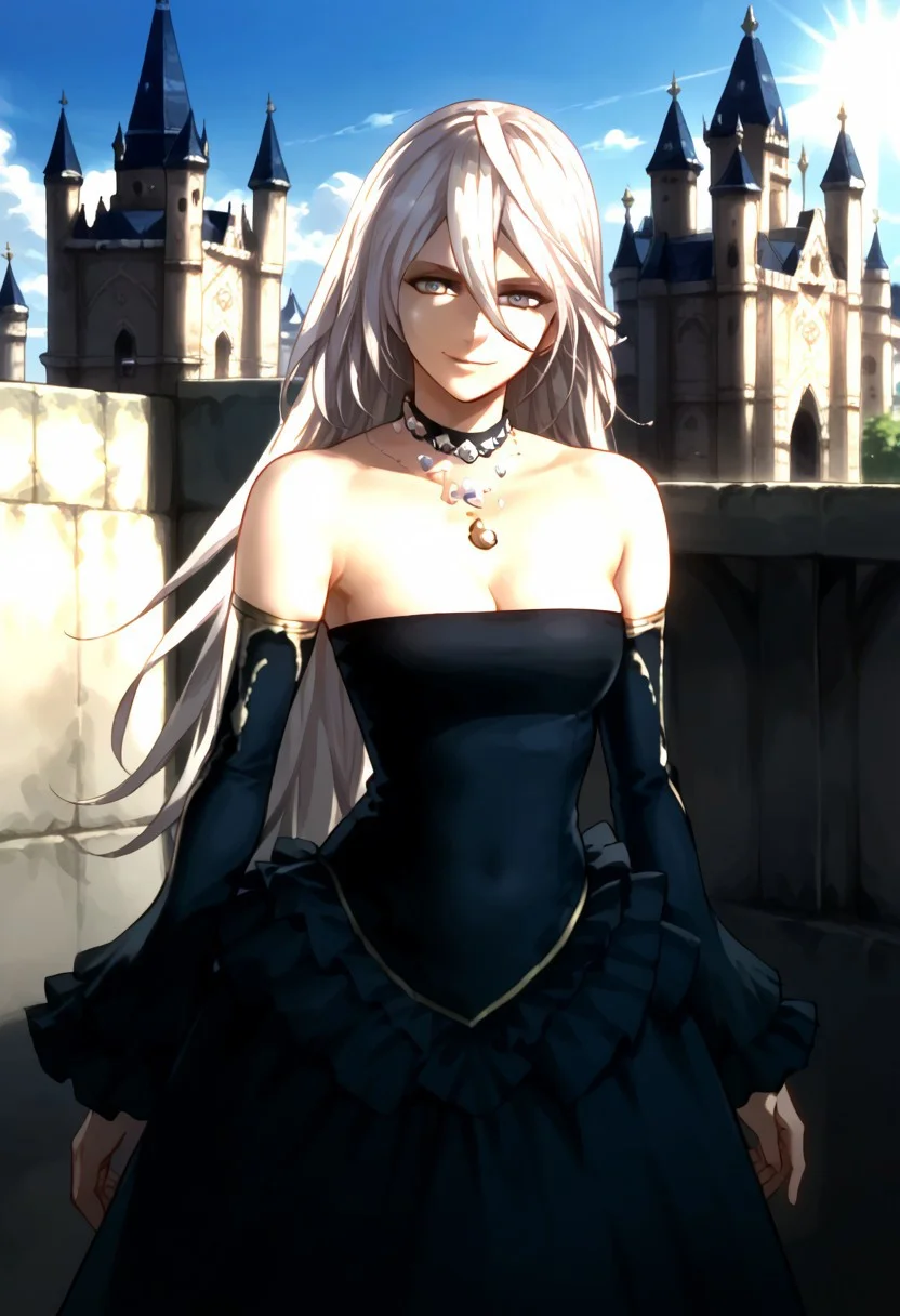 score9_up,score8_up,score7_up,perfect face,1girl ,solo, long hair, SOFT SMILE,bare shoulders, choker, jewelry, necklace, black dress, breasts, white hair, detached sleeves, elbow gloves, gloves, cleavage, gown, black gown, gowncalista, looking at viewer, calista,outside,castle, sun,sky,Expressiveh
