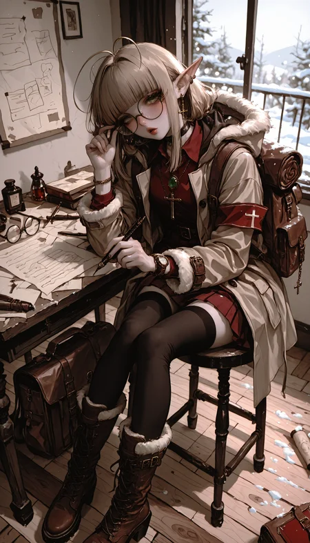 (chiaroscuro, blurry, bokeh, best quality, absurdres, HDR, contrapposto, absurdres, newest, vignetting, dutch angle, depth of field, soft luminescent glow)
(r17329_illu, 1girl, solo, long_hair, blush, looking_at_viewer, open_mouth, bangs, blonde_hair, skirt, eyebrows_visible_through_hair, thighhighs, photoshop_(medium), shirt, dress, long_sleeves, original, holding, sitting, jewelry, green_eyes, jacket, ahoge, pleated_skirt, boots, sidelocks, earrings, glasses, parted_lips, open_clothes, choker, pointy_ears, belt, miniskirt, collared_shirt, hood, indoors, blunt_bangs, hand_up, bag, necklace, mole, bracelet, zettai_ryouiki, blurry, lips, head_tilt, book, fingernails, open_jacket, coat, fur_trim, eyelashes, makeup, mole_under_eye, leaning_forward, depth_of_field, chain, red_skirt, from_above, chair, brown_footwear, feet_out_of_frame, table, red_dress, knee_boots, antenna_hair, backpack, light_brown_hair, wing_collar, hood_down, elf, armband, brooch, red_shirt, semi-rimless_eyewear, snow, gem, hooded_jacket, light_particles, buckle, straight_hair, cross-laced_footwear, desk, freckles, under-rim_eyewear, black-framed_eyewear, fur_collar, watch, legs_together, brown_skirt, pink_lips, paper, brown_jacket, shoulder_bag, open_book, open_coat, wooden_floor, winter_clothes, adjusting_eyewear, pen, round_eyewear, wristwatch, pencil, rimless_eyewear, scroll, fur-trimmed_sleeves, stool, brown_coat, thighhighs_under_boots, fur-trimmed_coat, dark_elf, fur-trimmed_boots, hooded_coat, holding_pen, arm_belt, elbow_rest, cold, quill, fur-trimmed_hood, brown_bag)