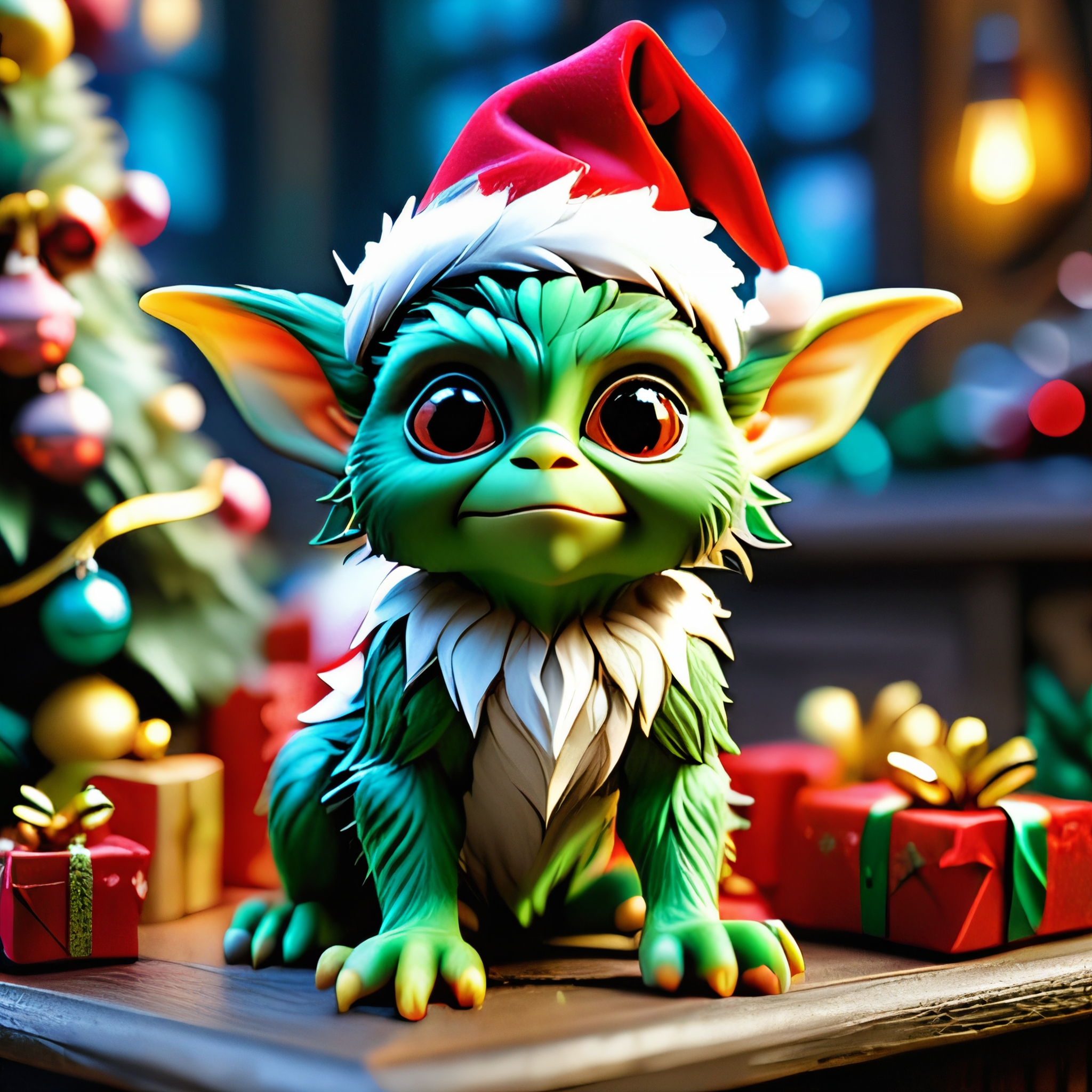 masterpiece, intricate photo, christmas gremlin, background kids elven toy factory at the north pole, christmas tree, festively decorated, christmas gifts, photo realistic, hyper realistic, highly detailed, sharp focus, best quality, high resolution, colorful, vibrant colors, studio lighting, 8K