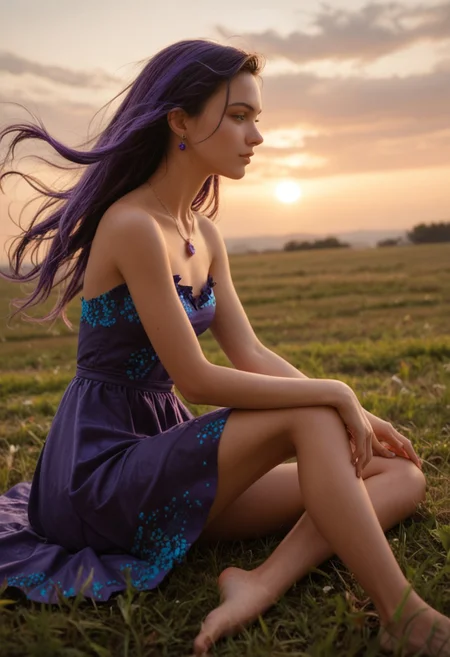 score_9_up, score_8_up, score_7_up, score_6_up, 1girl, 25 years old, perfect face, sexy, adult,
multicolored hair, gradient hair, purple hair, blue hair, long hair,
multicolored dress, purple dress, blue dress, layered dress, sleeveless, strapless, sundress, skirt under dress,
necklace, purple pendant, purple earrings,
sitting, wariza, hand between legs, barefoot,
on grass, sky, floating hair, wind, wind lift,